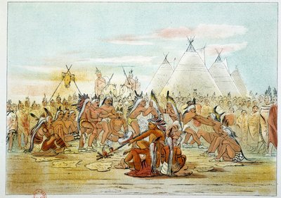 Indiáni Ameriky: Kmen Assiniboinů připomínající Siouxy tančící dýmkový tanec. Ilustrace George Catlin (1794-1872) od George Catlin