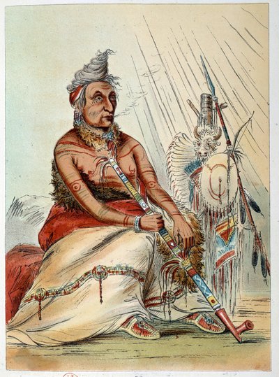 Indiáni Ameriky: Portrét starého indického kuchaře kouřícího svou dýmku s názvem The Black Mocassin. Ilustrace George Catlin (1794-1872) od George Catlin