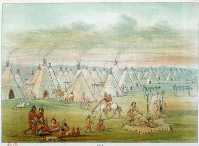 Indiáni Ameriky: vesnický komandé, stany jsou vyrobeny z bizoních kůží. Ilustrace George Catlin (1794-1872) od George Catlin