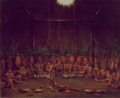 Pohled do interiéru Medicine Lodge, obřad Mandan O-kee-pa od George Catlin