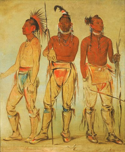 Mun-ne-pús-kee, Ten, který se nebojí, Ko-ha-túnk-a, Velká vrána, a Nah-cóm-ee-shee, Muž z postele, Tři mladí bojovníci. od George Catlin