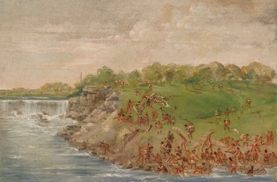 Odžibvejové se plaví kolem vodopádů svatého Antonína od George Catlin