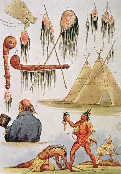 Skalpování a dekorativní použití skalpů (akvarel na papíře) od George Catlin