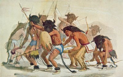 Sioux Buffalo Dance (barevné litho) od George Catlin