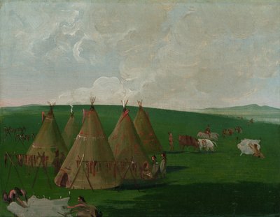 Siouxové tábořící na horním toku Missouri, oblékání masa a rouch z bizonů od George Catlin