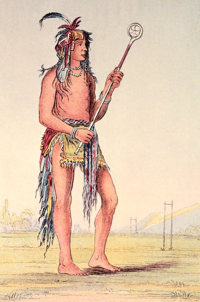 Siouxský míčový hráč Ah-No-Je-Nange, „Ten, kdo stojí na obou stranách“ (ručně barvené litho) od George Catlin