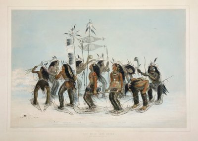 Tanec na sněžnicích, hospoda. 1845 barevná litografie. od George Catlin