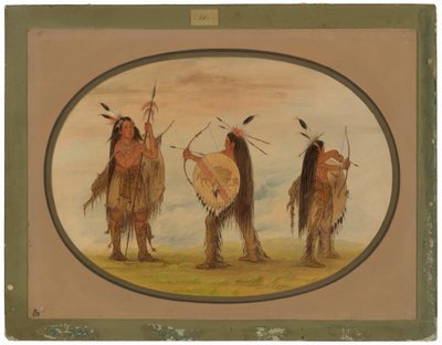 Tři mandanští válečníci vyzbrojení k válce od George Catlin