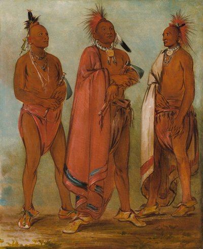 Wa-másh-ee-sheek, Ten, který odnáší; Wa-chésh-uk, Válka; Mink-chésk, Tři význační mladí muži. od George Catlin
