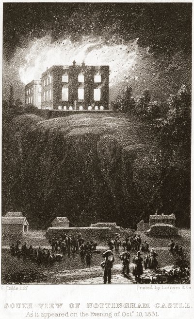 Nottinghamský hrad v plamenech, při pohledu od jihu, 1831 od George Childs