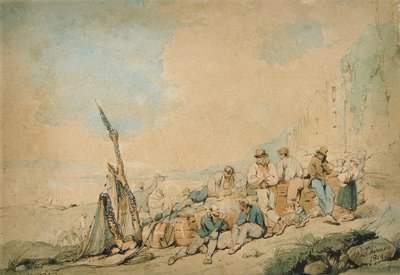 Pobřežní scéna s postavami u zdi od George Chinnery