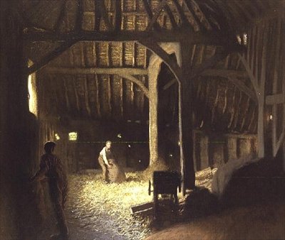 Interiér stodoly s pracujícími chlapci od George Clausen