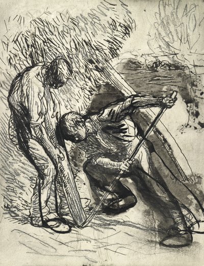 Propping the Rick, cca 1900 (tužka, pero a inkoust na papíře) od George Clausen