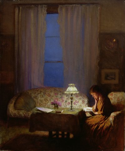 Reading by Lamplight (Twilight: Interior) (olej na plátně) od George Clausen