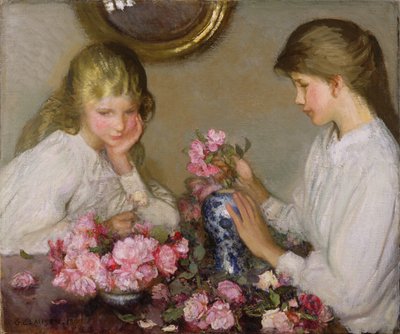 Dvě dívky aranžování kytičky od George Clausen