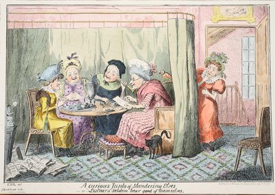 Zvědavý junto pomlouvajících elfů – aneb „Posluchači málokdy slyší dobro od sebe“, 1835 (ručně kolorovaná rytina) od George Cruikshank