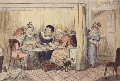 „Zvědavý junto pomlouvajících elfů nebo posluchači málokdy slyší dobro o sobě“, 1835 od George Cruikshank