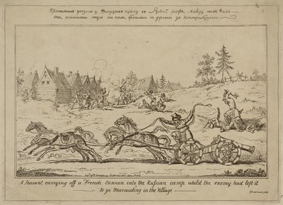 Rolník nesoucí francouzské dělo do ruského tábora, zatímco ho nepřítel opustil, aby se vydal na záplavu ve vesnici, vydáno 8. června 1813 od George Cruikshank