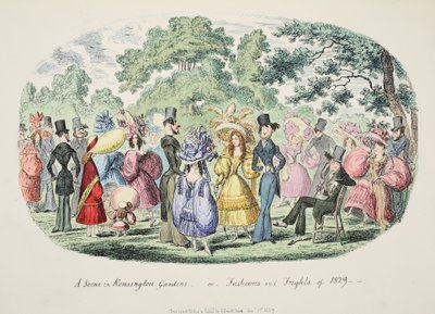 Scéna v Kensington Gardens - aneb - Fashions and Frights of 1829, pub. 1829 (ručně kolorovaná rytina) od George Cruikshank
