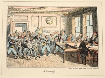 Svědek, z nemocnice Greenwich, série námořních náčrtů, popis života muže z války, hospoda. 1825 (ručně kolorovaná rytina) od George Cruikshank
