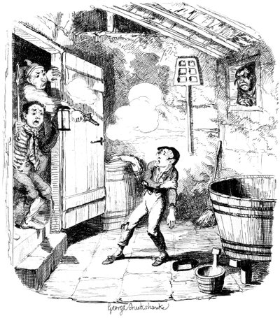 Muž zastřelí mladého chlapce, kterého podezřívá z krádeže, 19. století. od George Cruikshank