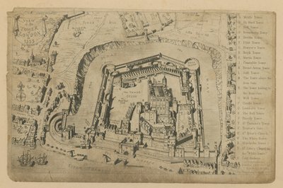 Pohled na Tower of London v roce 1553 od George Cruikshank