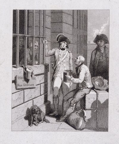 „Hvízdací obchod: Tom & Jerry na návštěvě Logica, na palubě flotily“, Fleet Prison, Londýn, 1821 od George Cruikshank