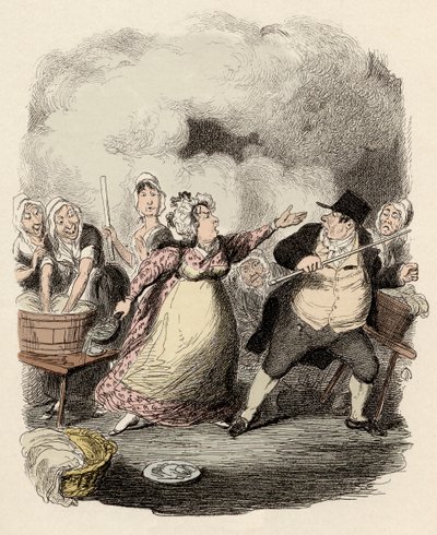 V hospici je Monsieur Bumble těžce odmítaný svou manželkou Madame Corney - Pan Bumble degradovaný v očích chudáků - Ilustrace k filmu „Oliver Twist“ (Olivier) (Dobrodružství Olivera Twista) od Charlese Dickense (1812-1870) , od George Cruikshana od George Cruikshank