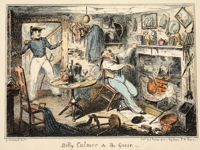 Billy Culmer a husa, z Greenwichské nemocnice, série námořních skečů, popisujících život válečného muže, vyd. 1826 (ručně kolorovaná rytina) od George Cruikshank