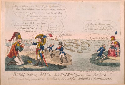 Boney Beating Mack - And Nelson Giving Him a Whack!, 1805 (barevný lept) od George Cruikshank