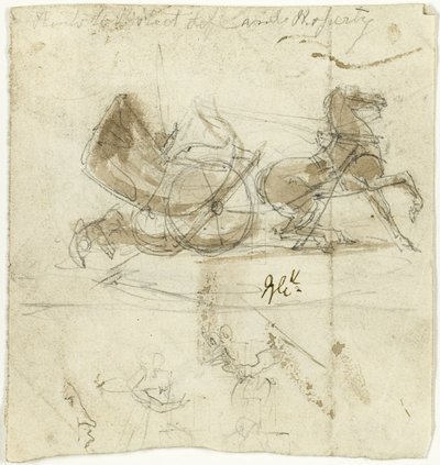 Karikatura sebe sama (recto); kabina shozená koněm a další náčrtky (verso) od George Cruikshank
