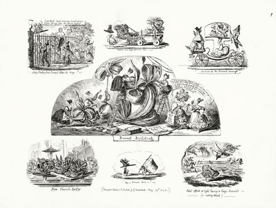 Karikatury od George Cruikshanka na téma velkých dámských čepic (rytina) od George Cruikshank