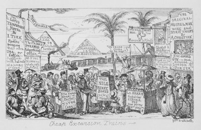 Levné výletní vlaky, tedy budoucnost masové turistiky v představách (rytina) od George Cruikshank