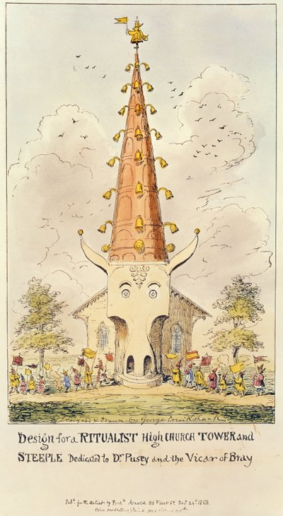 Návrh rituální vysoké kostelní věže a věže, věnované Dr. Puseymu a vikářovi z Bray, 1868 (tisk) od George Cruikshank