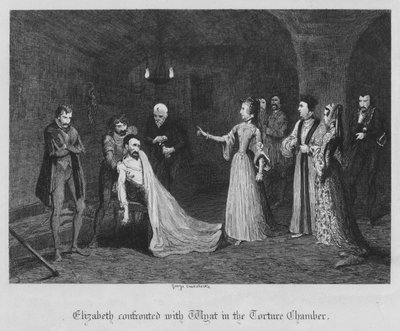 Elizabeth konfrontována s Wyatem v mučírně (rytina) od George Cruikshank