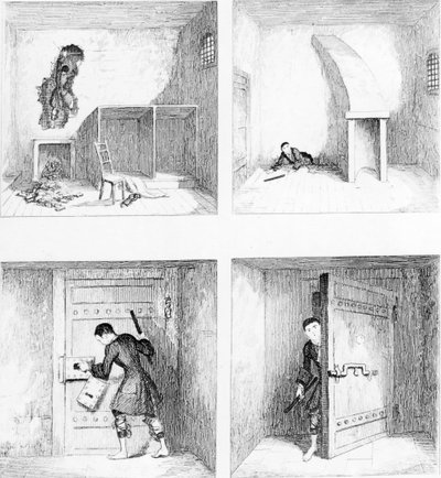 Útěk č. 1 z „Jacka Shepparda“ od W. H. Ainswortha, vydáno 1839 od George Cruikshank