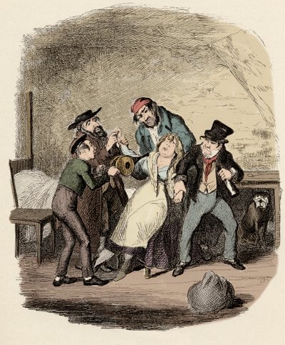Fagin, Charley Bates, Kikes a Dawkins reanimant Nancy – Pan Fagin a jeho žák oživující Nancy – Ilustrace pro „“Oliver Twist““ (Oliver) (Dobrodružství Olivera Twista) od Charlese Dickense (1812-1870), George Cruikshank ( 1792-1878). od George Cruikshank