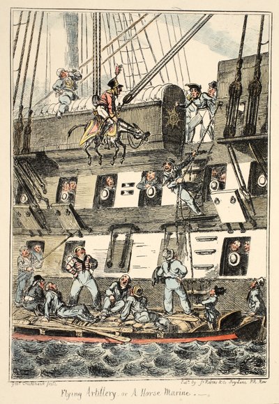 Létající dělostřelectvo aneb A Horse Marine, z nemocnice Greenwich, série námořních náčrtů, popis života muže z války, hospoda. 1826 (ručně kolorovaná rytina) od George Cruikshank