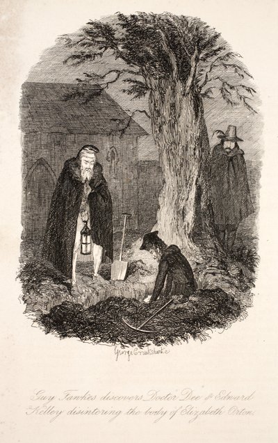 Guy Fawkes objevil doktora Dee a Edwarda Kelleyho, jak odstraňují tělo Elizabeth Ortonové, ilustrace od Guye Fawkese, nebo Zrada střelného prachu: Historická romance, William Harrison Ainsworth, pu. od George Cruikshank