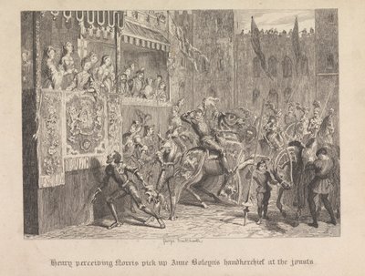 Henry vnímající Norrise zvedl kapesník Anne Boleyn na kláních od George Cruikshank