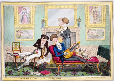 Kolibříci aneb Dandy Trio, hospoda. 1819 (ručně kolorovaná rytina) od George Cruikshank