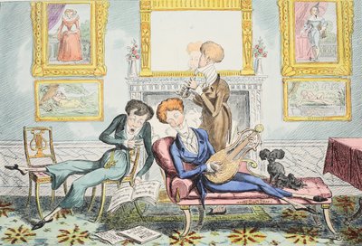 Kolibříci aneb A Dandy Trio, hospoda. 1835 (ručně kolorovaná rytina) od George Cruikshank