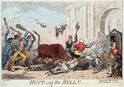 Hunting the Bull, 1817 (barevný lept) od George Cruikshank