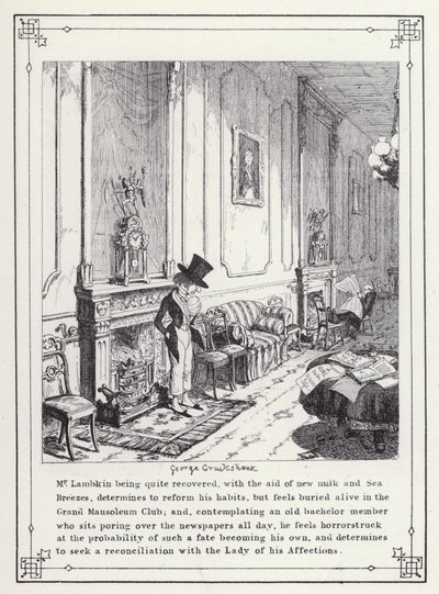 Ilustrace pro Bakalářskou vlastní knihu aneb Pokrok pana Lambkina (Gent) (rytina) od George Cruikshank
