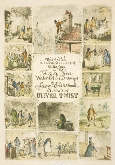 Ilustrace k titulní straně "Olivera Twista" od George Cruikshank