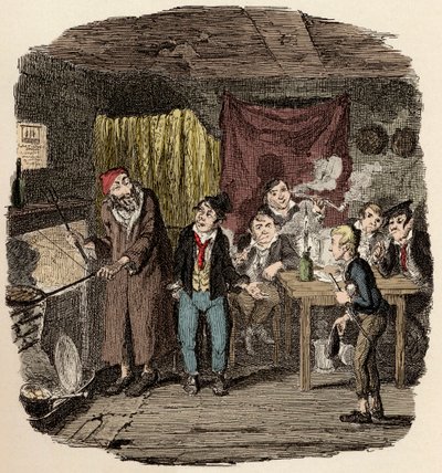 V Londýně Jack Dawkins zvaný Liška představuje Olivera Faginovi a jeho týmu malfratů - Oliver byl představen úctyhodnému starému pánovi - Ilustrace k filmu „Oliver Twist“ (Olivier) (Dobrodružství Olivera Twista) od Charlese Dickense (1812-1870) , od Ge od George Cruikshank