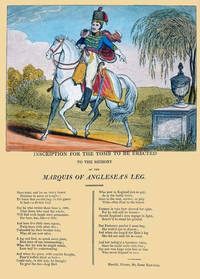 Nápis na hrobce, která má být postavena na památku nohy markýze z Anglesea, vydal R. Harrild, asi 1815. od George Cruikshank