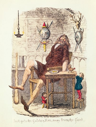 Jack dostane zlatou slepici pryč od obra (barva litho) od George Cruikshank