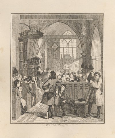 Jack Sheppard páchající loupež v kostele ve Willesdenu od George Cruikshank