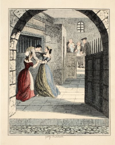 Jack Sheppard útěk z odsouzeného držení v Newgate, ilustrace z Jack Sheppard: A Romance od Williama Harrisona Ainswortha, hospoda. 1839 (ručně kolorovaná rytina) od George Cruikshank